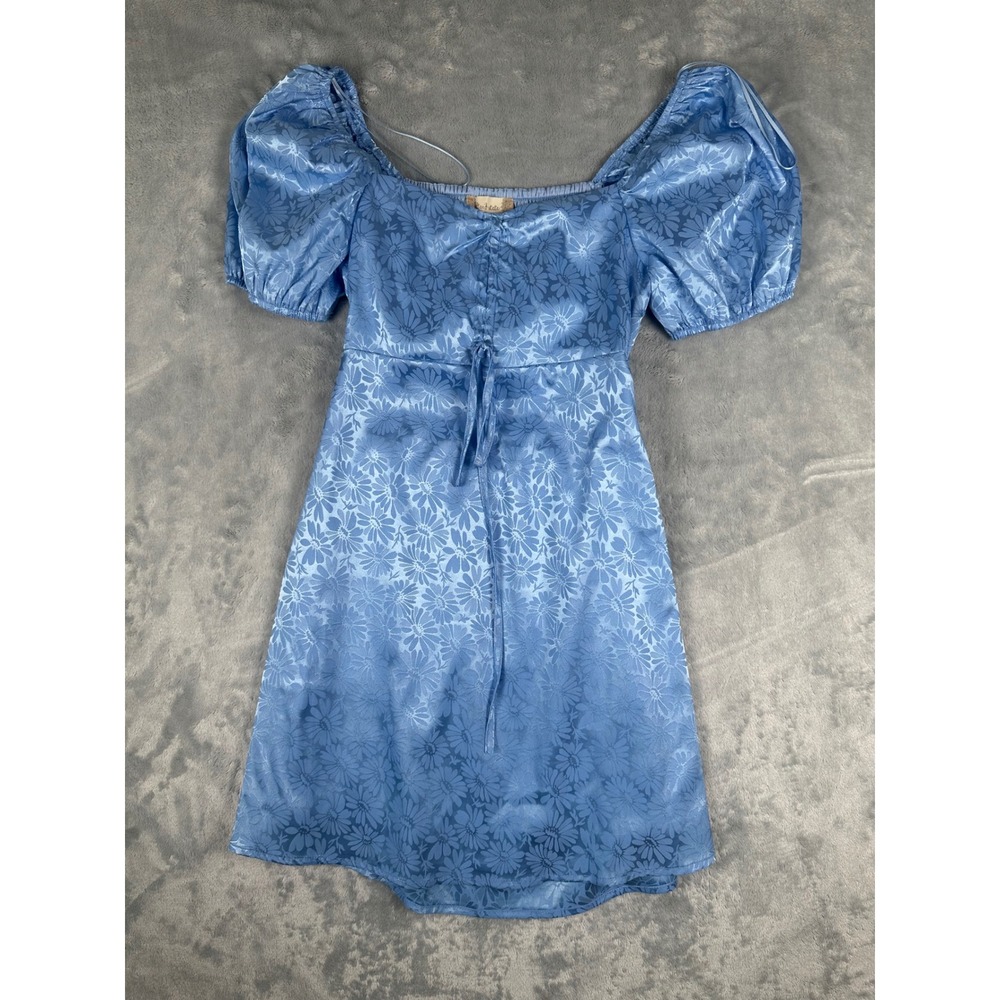 Altar'd State Blue Floral Jacquard Puff Sleeve Cutout Back Mini Dress Small - Picture 7 of 9